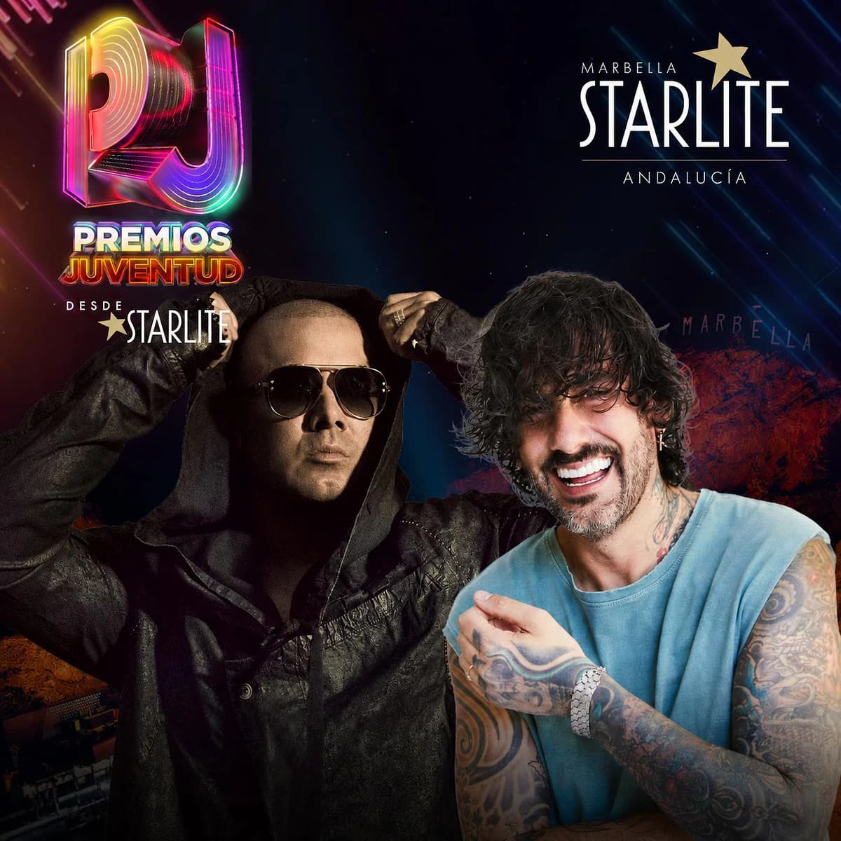 Wisin y Melendi en la portada oficial de Premios Juventud desde Starlite Marbella, con logos de PJ y Starlite sobre fondo oscuro con estética nocturna.