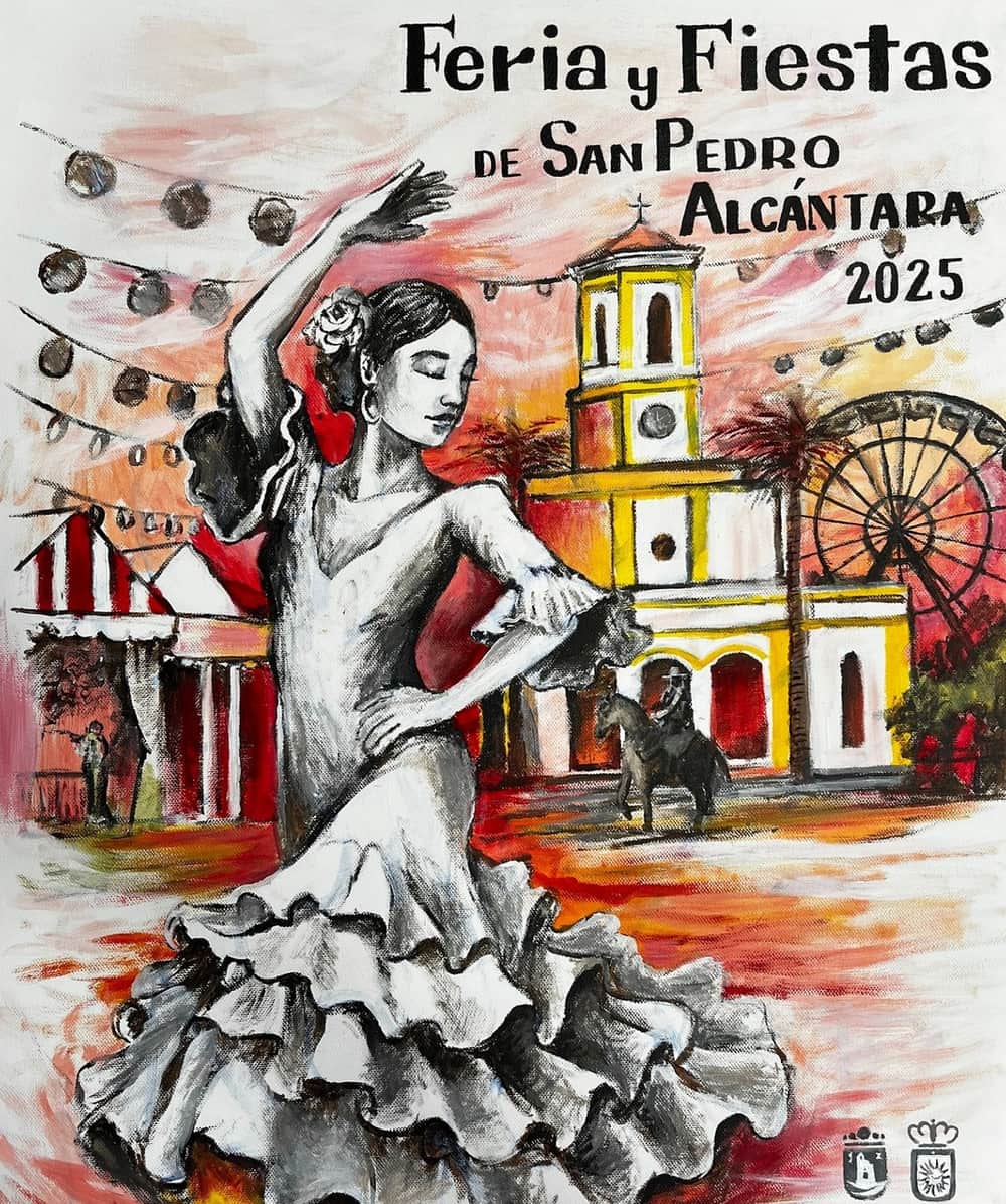 Poster for the 2025 fair showing a flamenco dancer in the foreground, church tower, Ferris wheel and fair tents at sunset; dates October 14–20.
