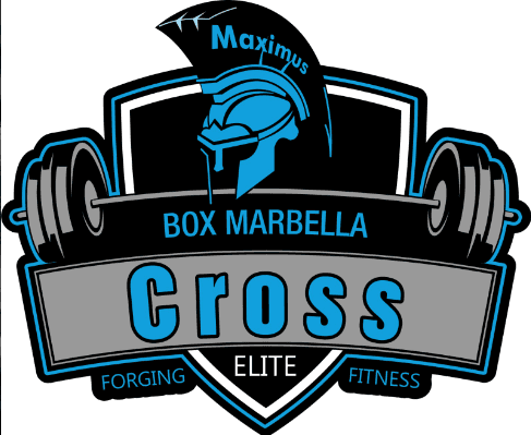 Sport logo of Box Marbella Maximus Cross Elite, featuring a blue Spartan helmet, barbells on each side, and the slogan “Forging Fitness Elite”.