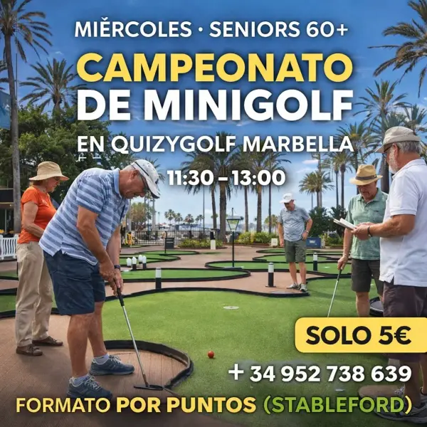 Cartel del Campeonato Seniors 60+ de Minigolf en Quizygolf Marbella, miércoles 11:30–13:00