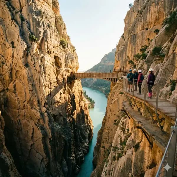 Turistas cruzando el icónico puente colgante del Caminito del Rey con una vista impresionante de las paredes del Desfiladero de los Gaitanes.