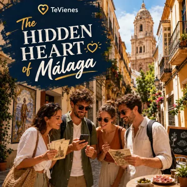 Grupo de adultos jugando a The Hidden Heart de Málaga, una experiencia autoguiada con pistas por el centro histórico.