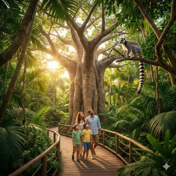 Visitantes explorando la famosa zona de Madagascar en Bioparc Fuengirola bajo el árbol Baobab gigante, con lémures vagando libremente en un entorno de selva exuberante.