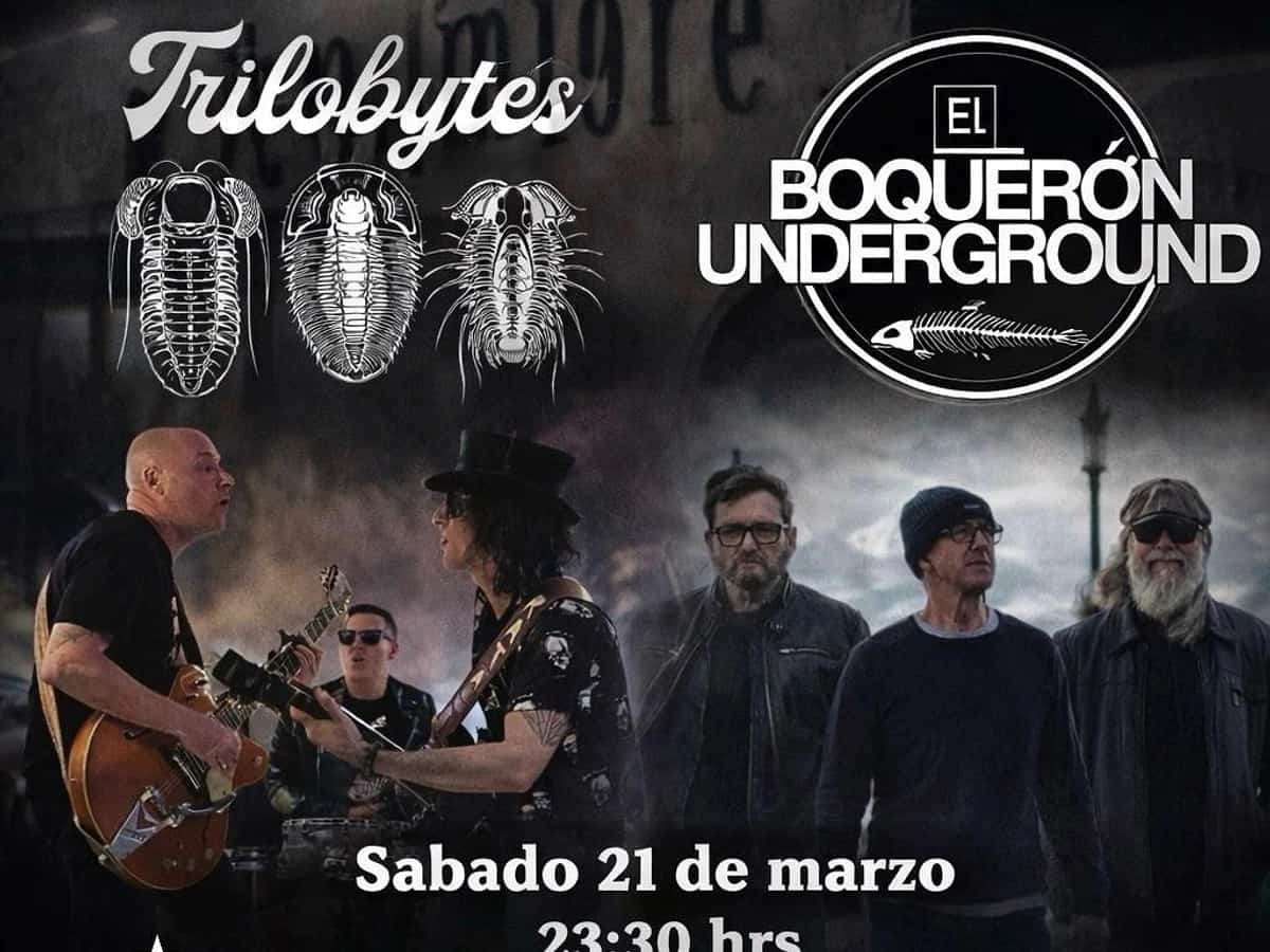 Cartel promocional de Trilobytes y El Boquerón Underground en Premiere Club Marbella, con imágenes de ambas bandas, estética oscura y referencias visuales al rock alternativo. El concierto es el sábado 21 de marzo a las 23:30 h.