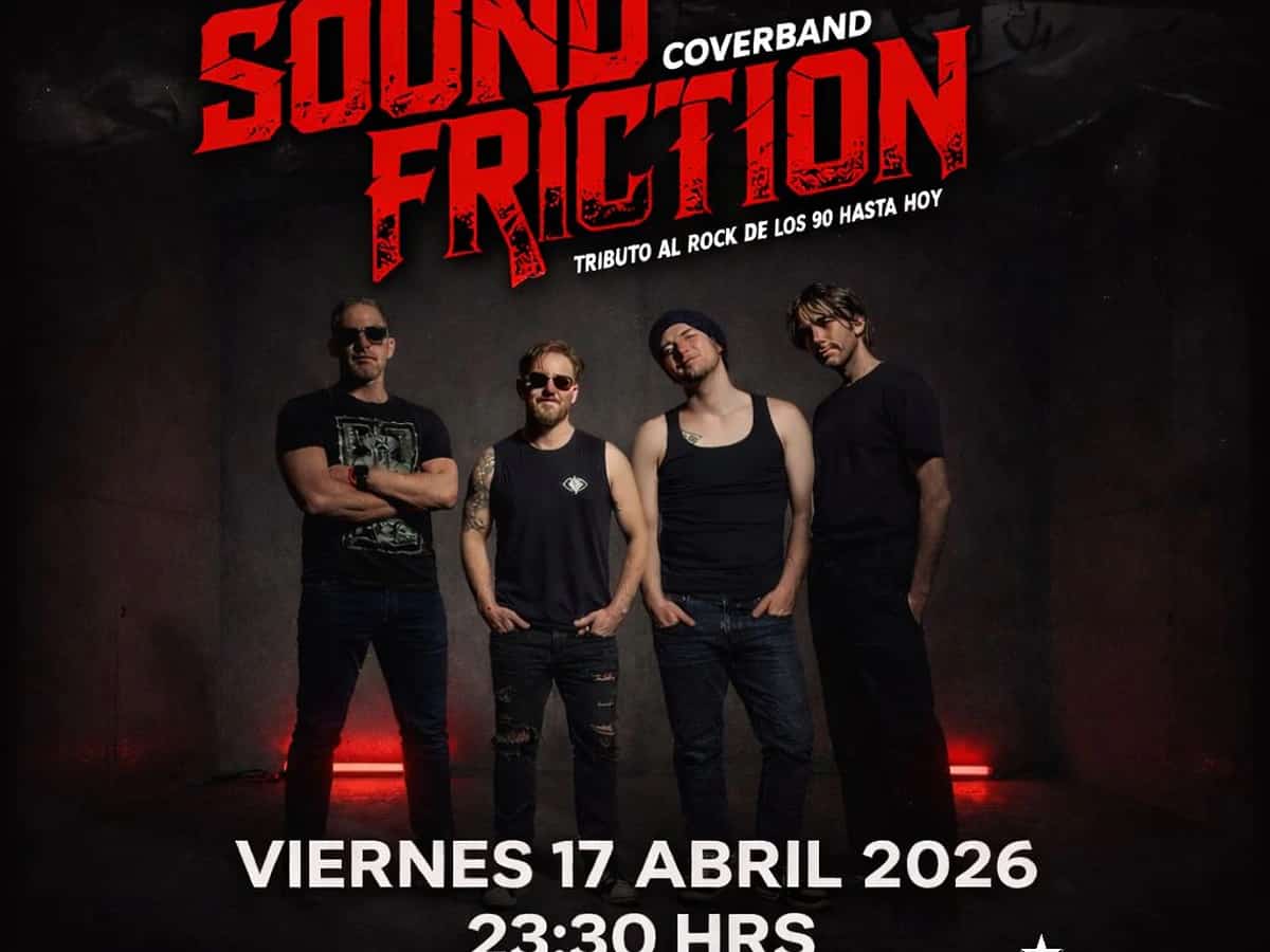 Cartel promocional de Sound Friction en Premiere Club con cuatro miembros de la banda posando sobre fondo oscuro y texto que anuncia tributo al rock de los 90 hasta hoy. El concierto es el viernes 17 de abril de 2026 a las 23:30 h.