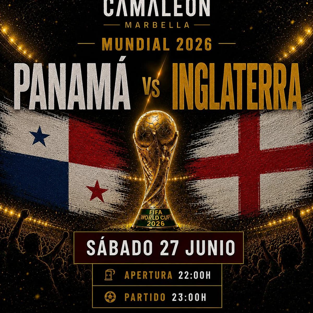 Cartel de retransmisión en directo de Panamá vs Inglaterra en el Mundial 2026 con ambiente de fútbol internacional y noche de partido en Marbella centro.