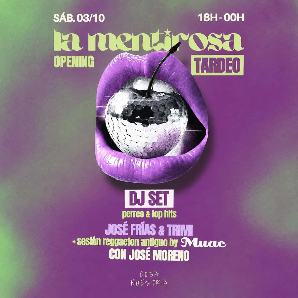 Cartel morado de La Mentirosa con labios y cereza disco, tardeo del 3 de octubre con José Frías, Trimi, MUAC y José Moreno.