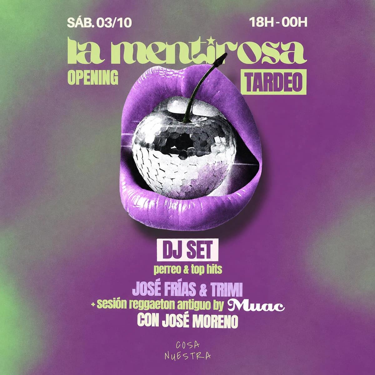Cartel morado de La Mentirosa con labios y cereza disco, tardeo del 3 de octubre con José Frías, Trimi, MUAC y José Moreno.