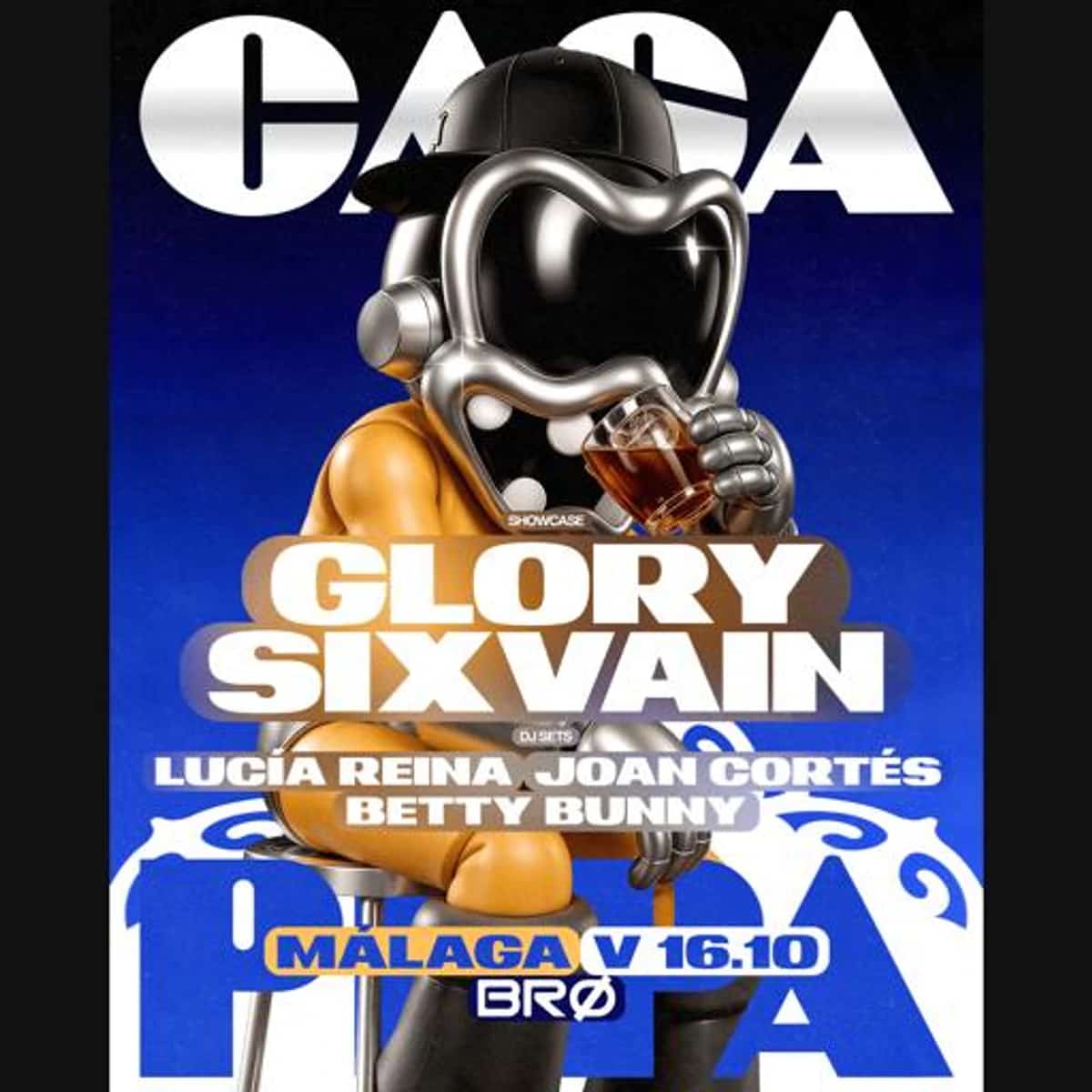 Cartel azul de Casa Pepa en BRØ Málaga para el 16 de octubre, con personaje de casco negro, GlorySixVain en grande y Lucía Reina, Joan Cortés y Betty Bunny.