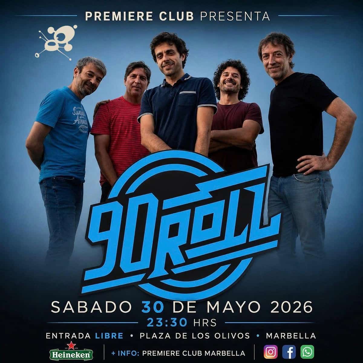 Cartel promocional de 90Roll en Premiere Club Marbella con cinco miembros de la banda posando sobre fondo azul y el nombre del grupo en grande. El concierto es el sábado 30 de mayo de 2026 a las 23:30 h y la entrada es libre.