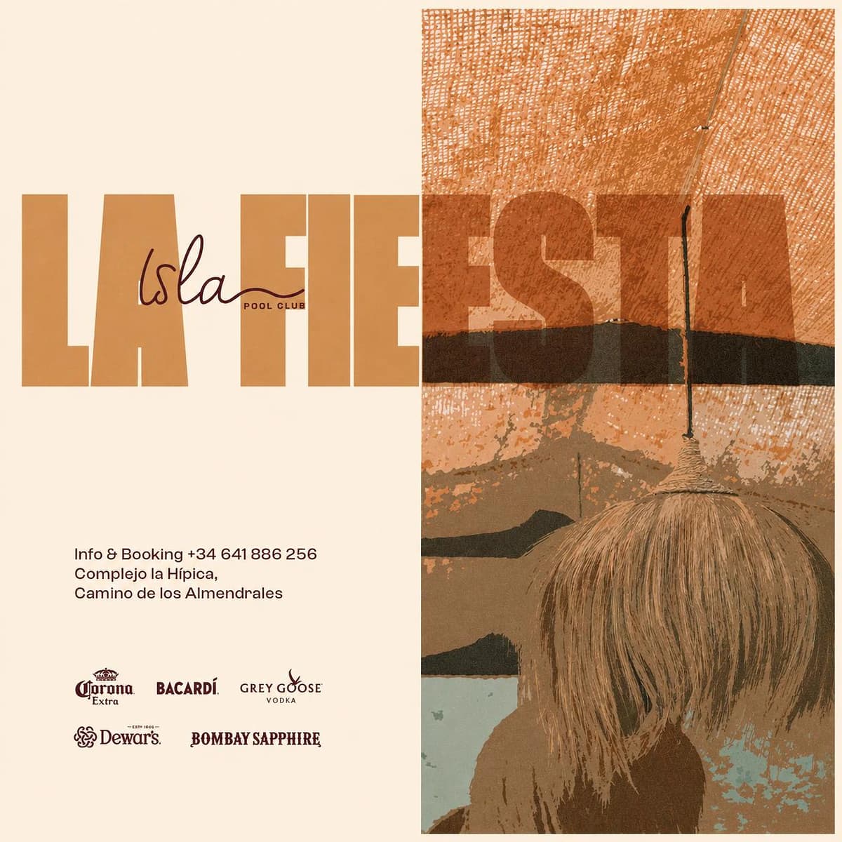 Cartel de LA FIESTA en Isla Pool Club con diseño en tonos arena y marrón, ilustración junto a la piscina e información de reservas en Málaga.