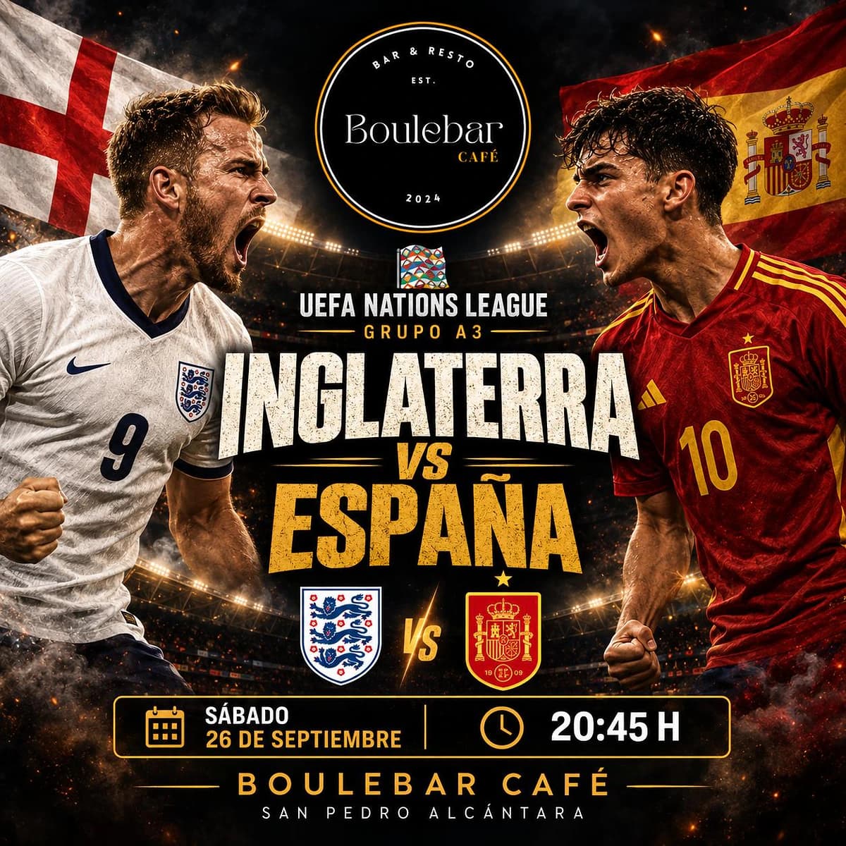 Cartel de Inglaterra vs España para el 26 de septiembre a las 20:45 en Boulebar Café, partido del Grupo A3 de la Nations League