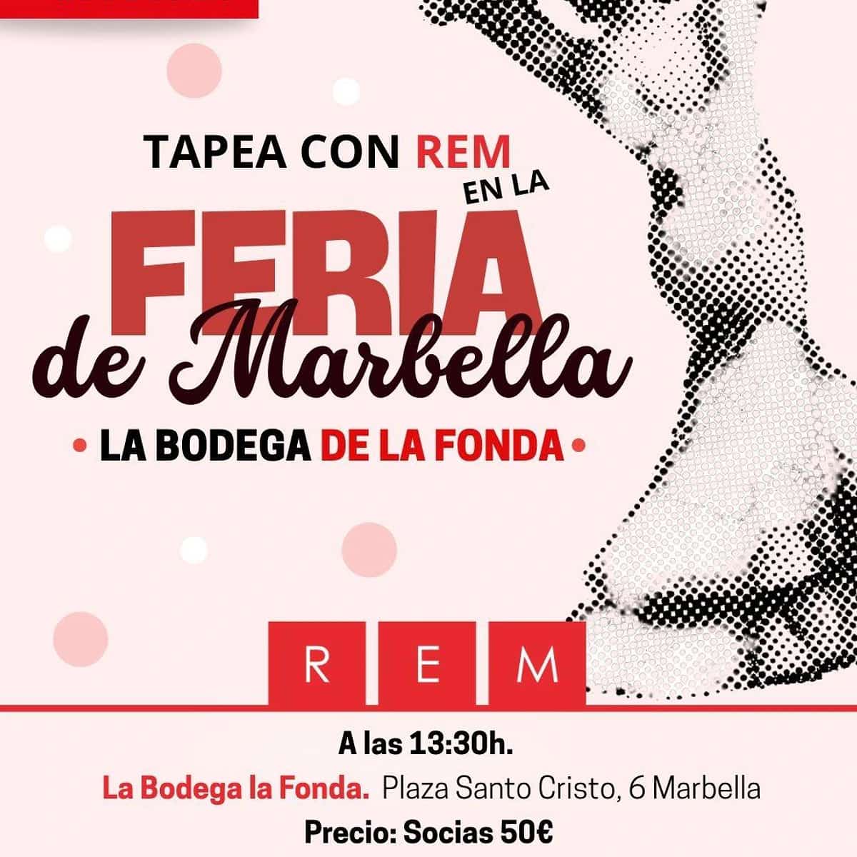 Cartel de Tapea con REM en la Feria de Marbella 2026, encuentro gastronómico de la Red de Emprendedoras en Marbella en La Bodega La Fonda.