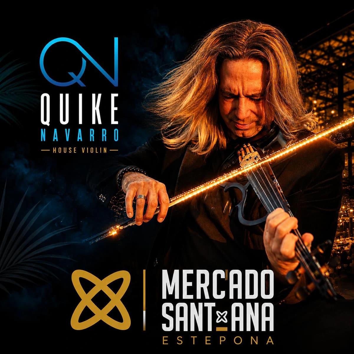 Quike Navarro actuando con violín eléctrico y arco LED en una noche de cena y música en directo en Mercado de Santa Ana, Estepona.