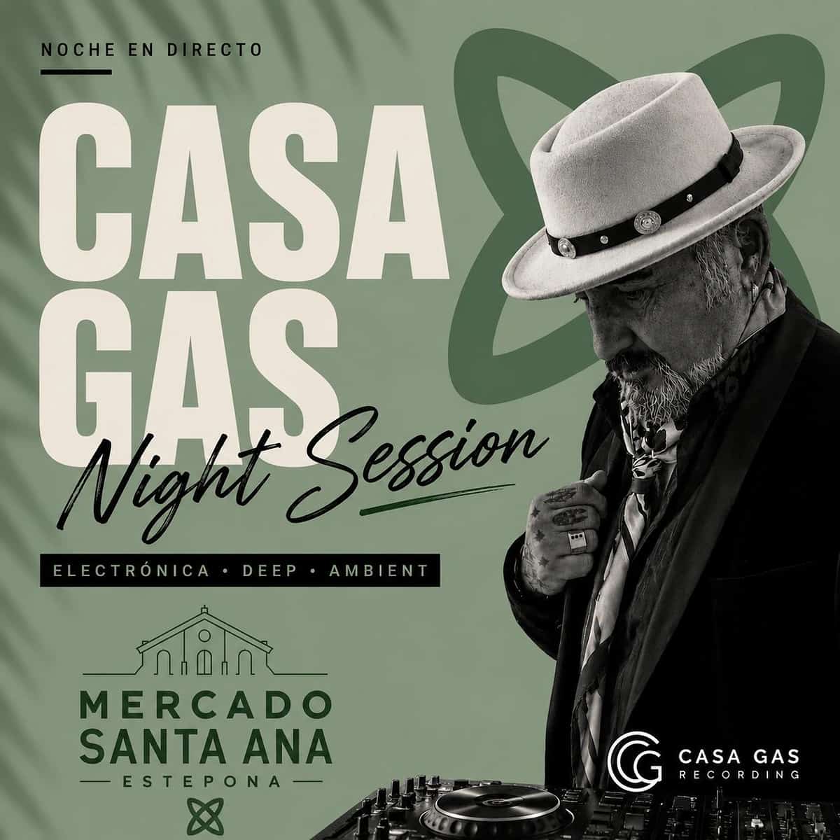 Cartel de Casa Gas Night Session en Mercado Santa Ana Estepona, con estética nocturna, electrónica, deep y ambient.