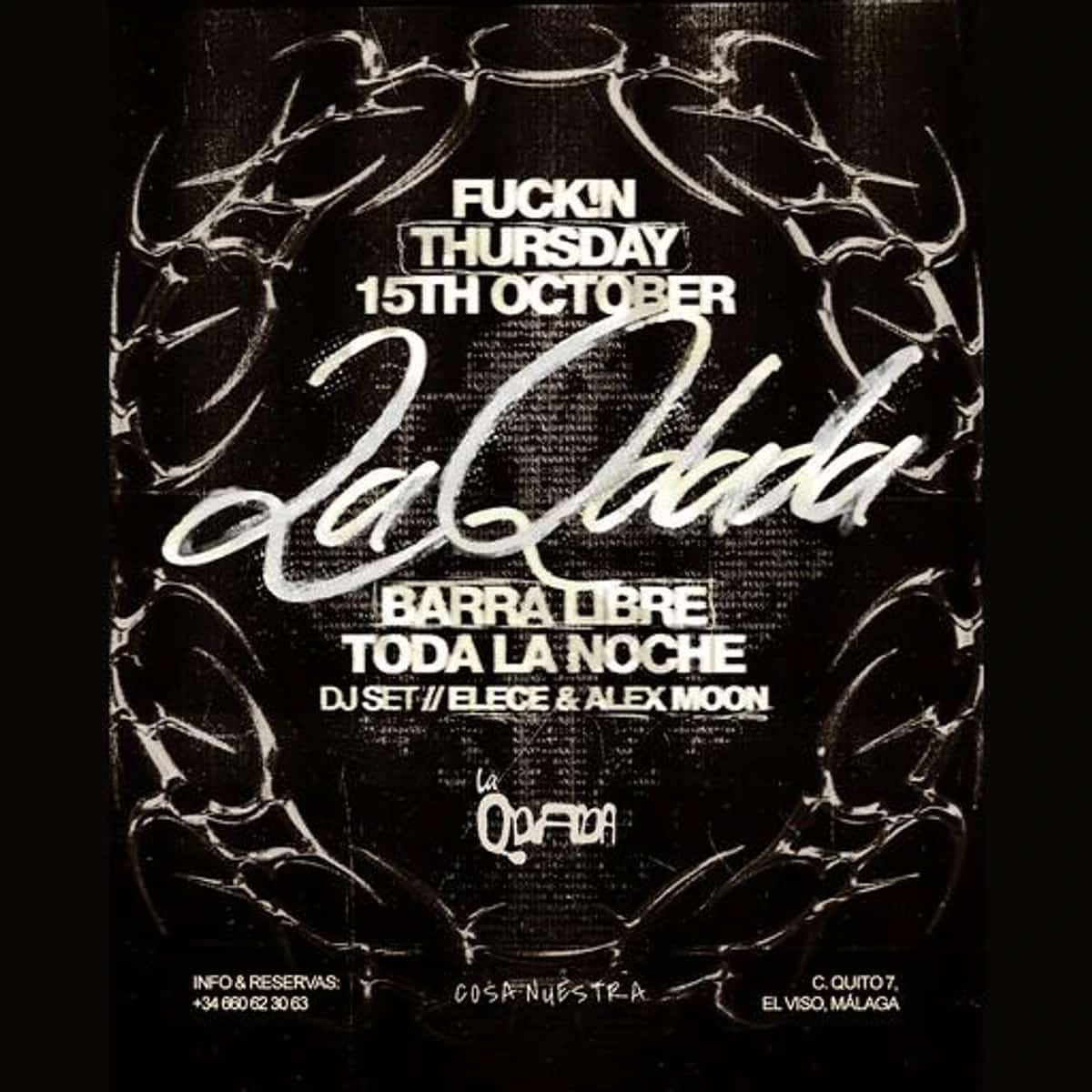 Cartel negro y blanco de La Qdada del 15 de octubre, con tipografía manuscrita, el anuncio de barra libre toda la noche y los nombres Elece y Alex Moon.