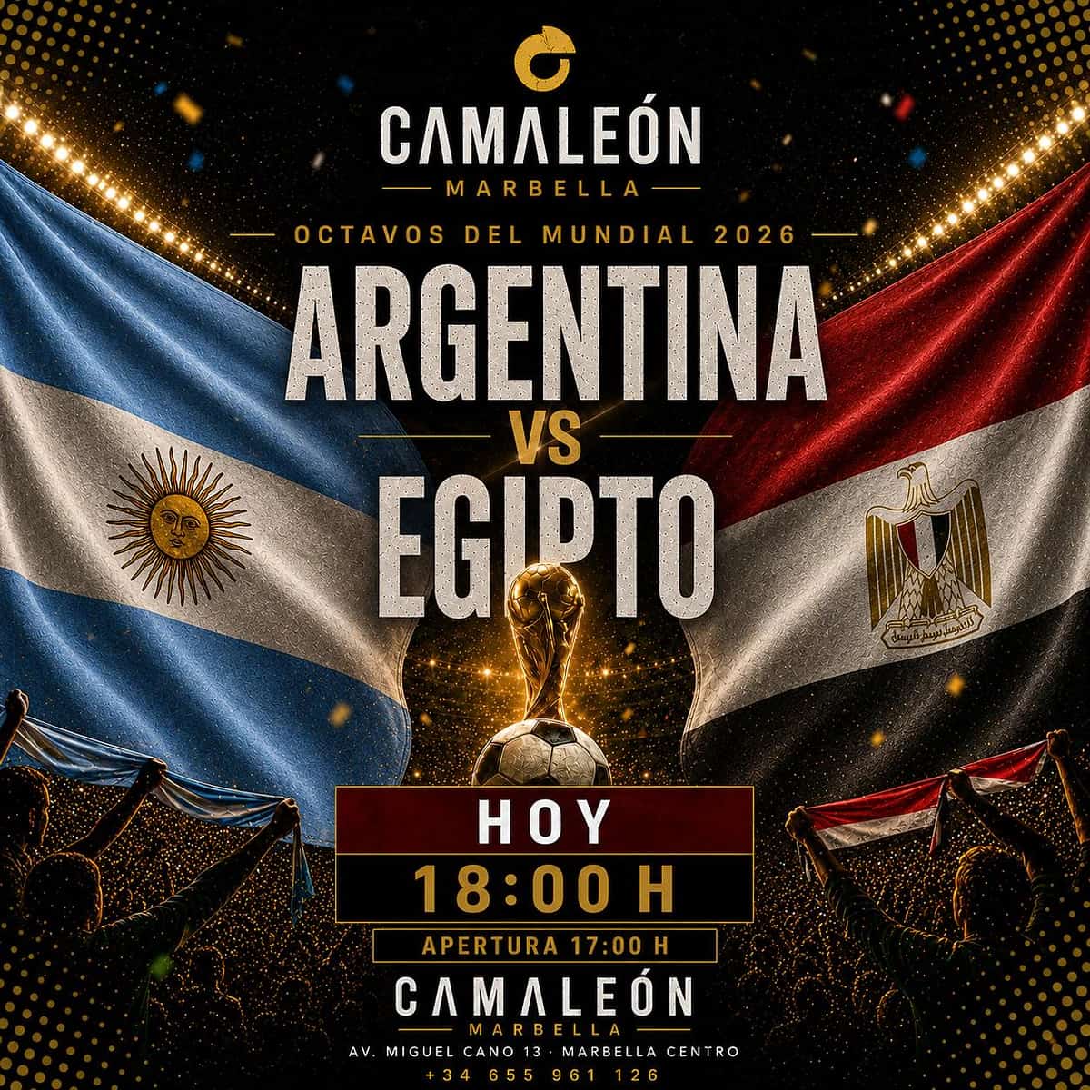Cartel de retransmisión en directo de Argentina vs Egipto en los octavos del Mundial 2026 con ambiente de fútbol internacional y partido de tarde en Marbella centro.