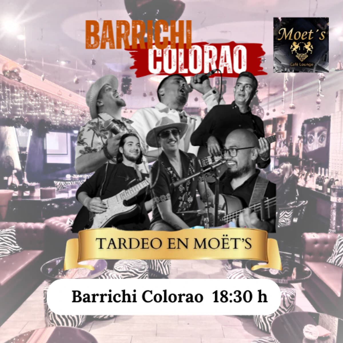Cartel de Barrichi Colorao en un tardeo en Moët’s el sábado 11 de abril desde las 18:00, con imagen del grupo y enfoque de flamenco fusión en directo.