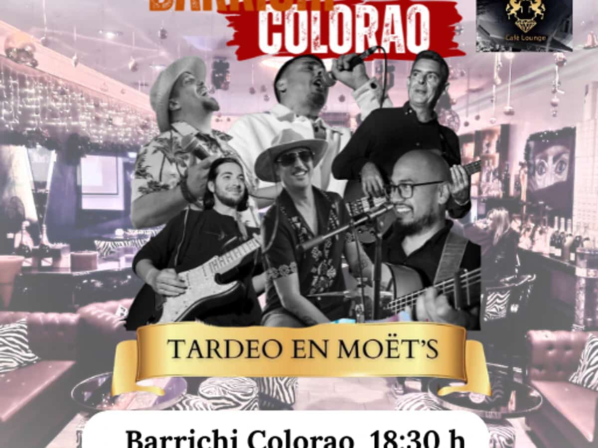 Cartel de Barrichi Colorao en un tardeo en Moët’s el sábado 11 de abril desde las 18:00, con imagen del grupo y enfoque de flamenco fusión en directo.