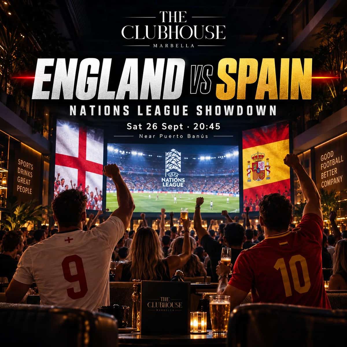Aficionados viendo Inglaterra vs España en grandes pantallas de The Clubhouse Marbella, con banderas, bebidas y ambiente de Nations League.