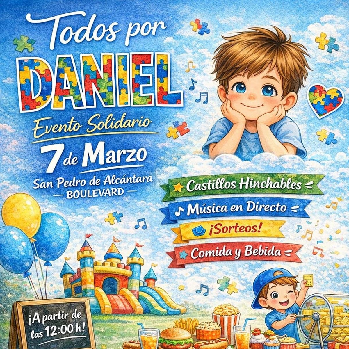 Cartel del evento solidario “Todos por Daniel” en San Pedro Alcántara con actividades infantiles, castillos hinchables, música en directo, comida, sorteos y jornada familiar para apoyar el autismo.