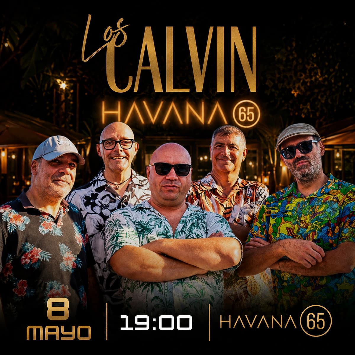 Cartel del concierto de Los Calvin en Havana 65 con la banda al completo para una tarde de rock en español en directo el 8 de mayo.