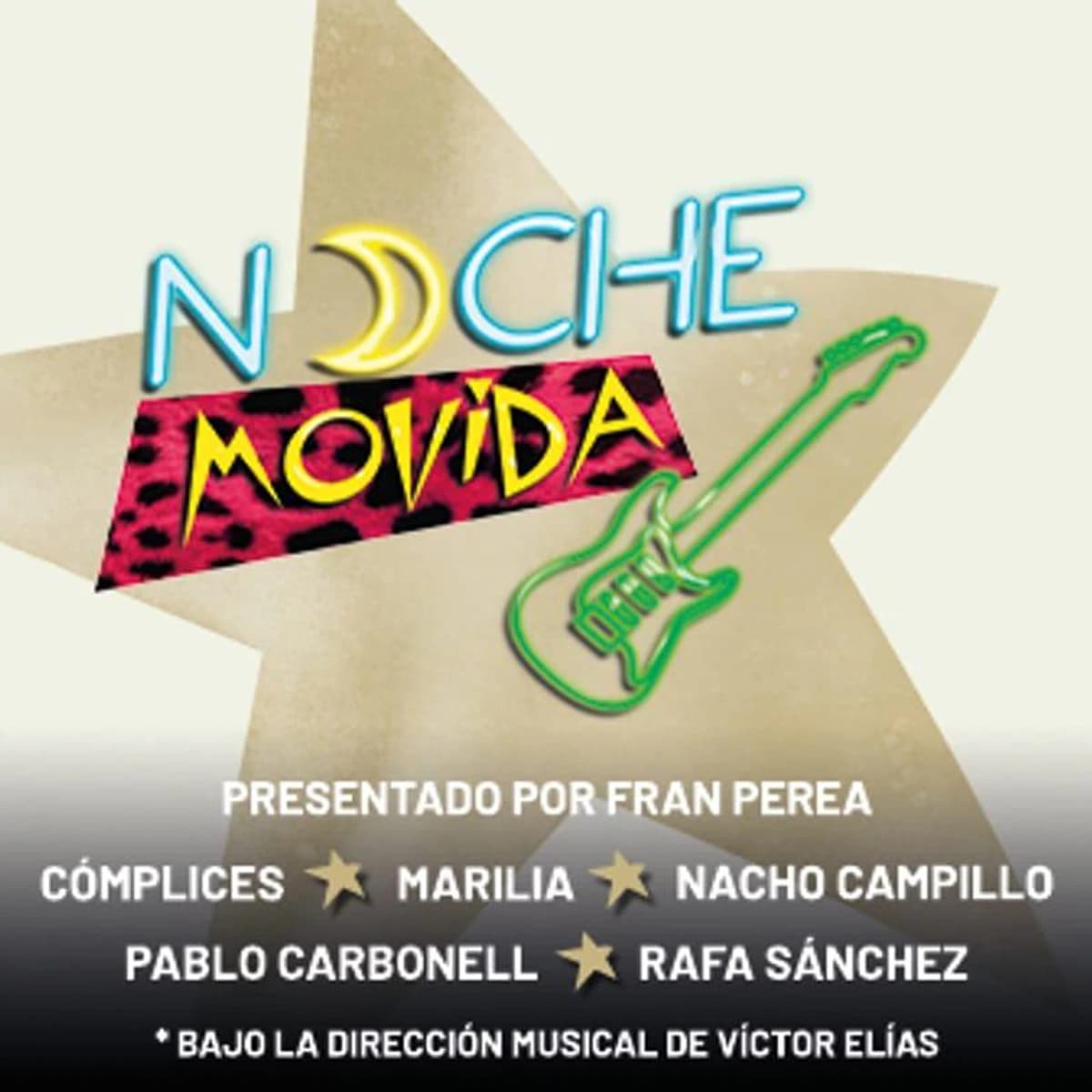 Cartel de Noche Movida con letras de neón y guitarra eléctrica verde para el espectáculo de pop español de los 80 del 11 de agosto en Starlite Occident.