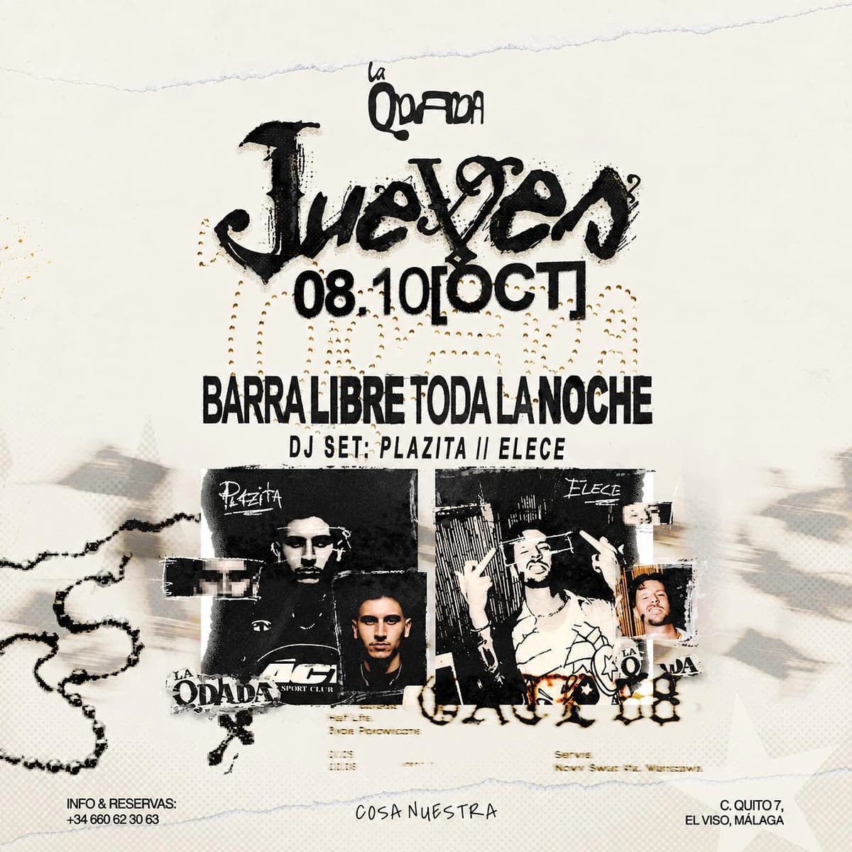 Cartel de La QDADA en Cosa Nuestra Málaga para el jueves 8 de octubre, con barra libre toda la noche y DJ set de Plazita y Elece.