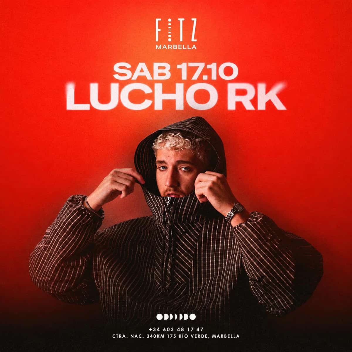 Cartel de Lucho RK en FITZ Marbella para el 17 de octubre, con retrato del artista con capucha sobre fondo rojo y nombre del evento en blanco.