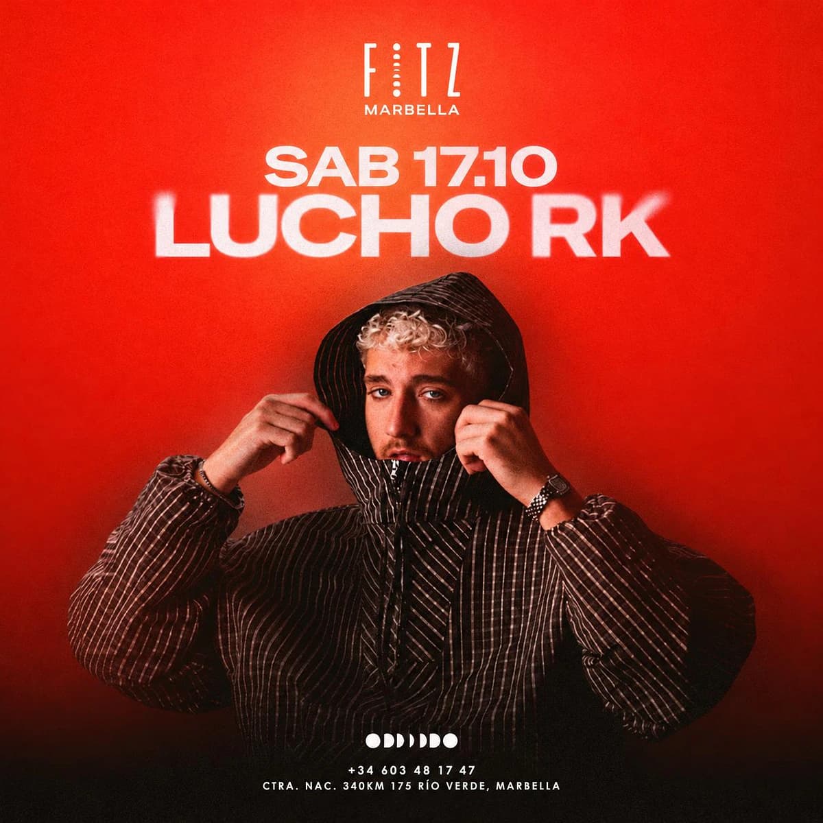 Cartel de Lucho RK en FITZ Marbella para el 17 de octubre, con retrato del artista con capucha sobre fondo rojo y nombre del evento en blanco.