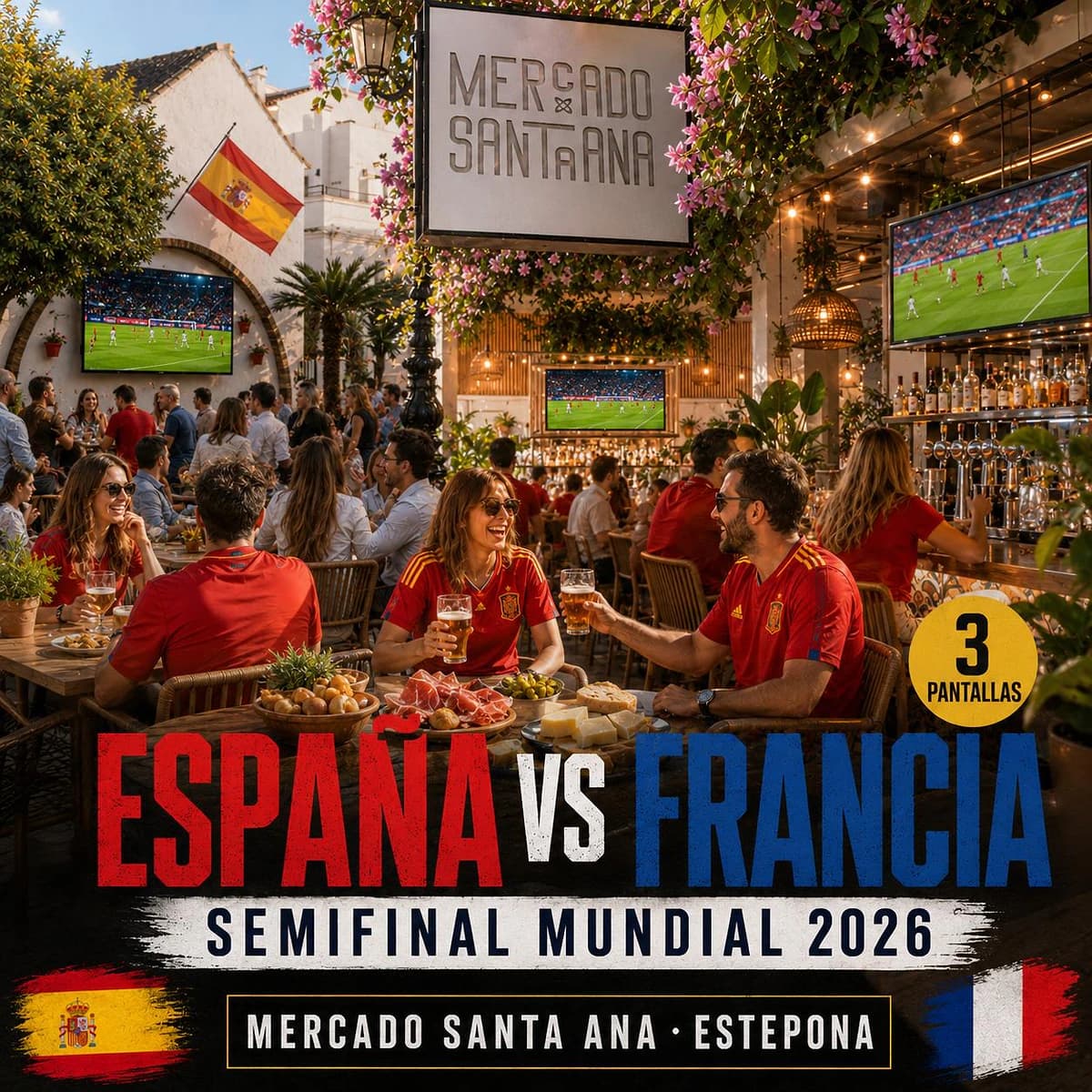 Cartel del partido España vs Francia del Mundial 2026 en Mercado Santa Ana Estepona, semifinal con 3 pantallas en espacios diferentes, comida, cerveza fría y ambiente de La Roja.