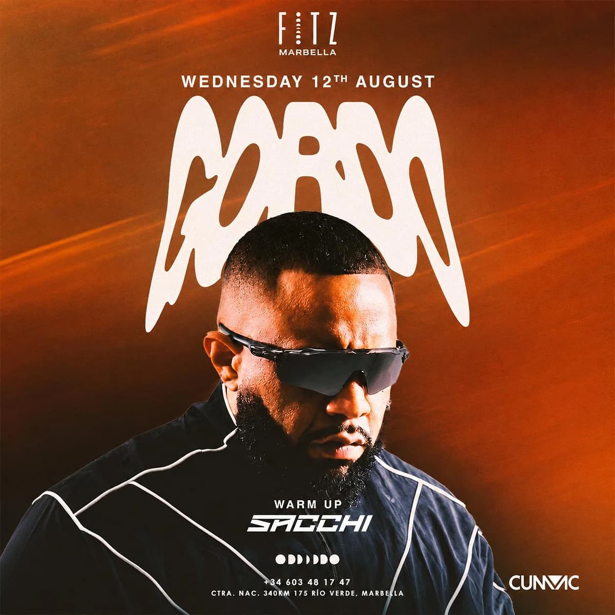 Cartel de GORDO en FITZ Marbella para el miércoles 12 de agosto, con fondo naranja, retrato del artista con gafas oscuras, tipografía blanca grande, warm up de SACCHI y logo de Cunmac.