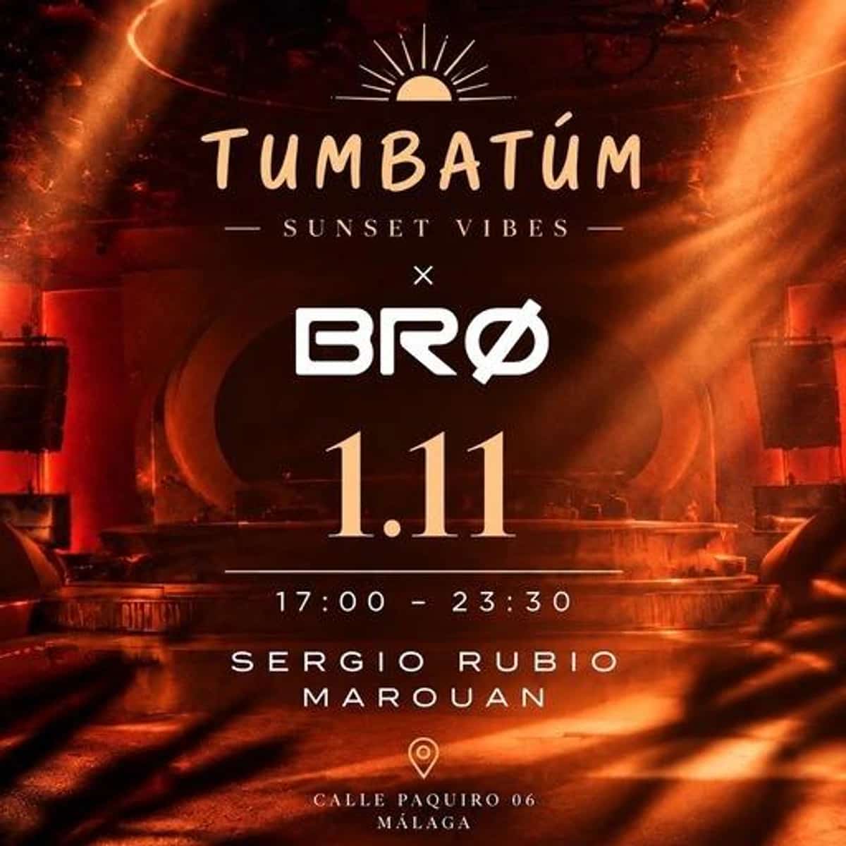 Portada naranja de TUMBATÚM x BRØ Málaga para el 1 de noviembre, con horario del tardeo y los nombres Sergio Rubio y Marouan.