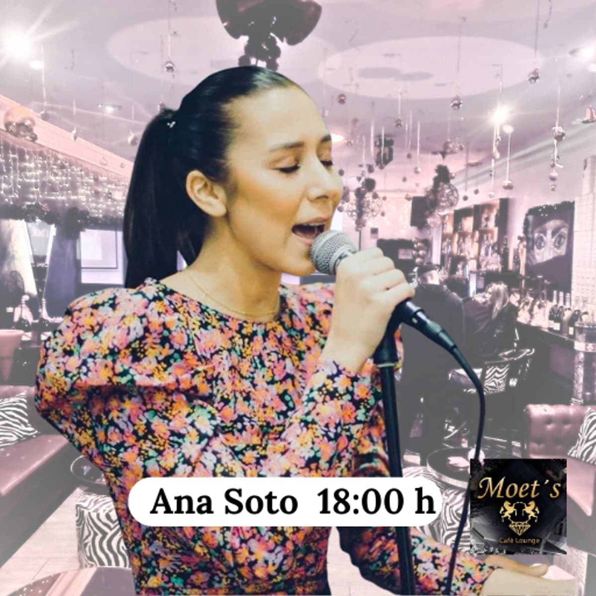 Cartel del concierto de Ana Soto en Moët’s Café Lounge con actuación de música en directo en el casco antiguo de Marbella.