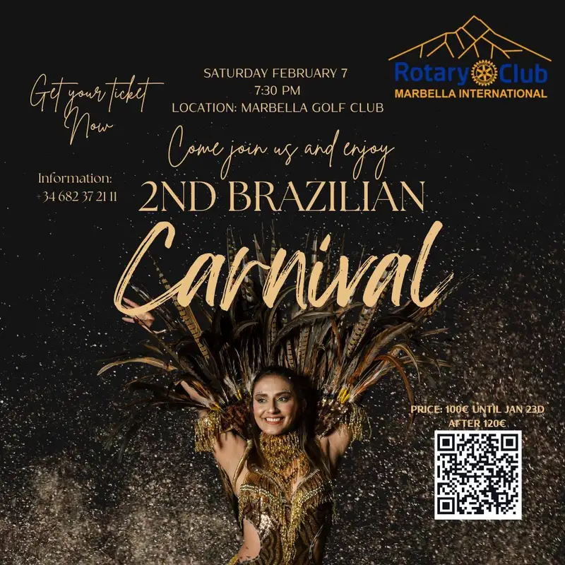 Cartel del 2º Carnaval Brasileño en Marbella, evento benéfico del Rotary Club en Marbella Golf Club el sábado 7 de febrero.
