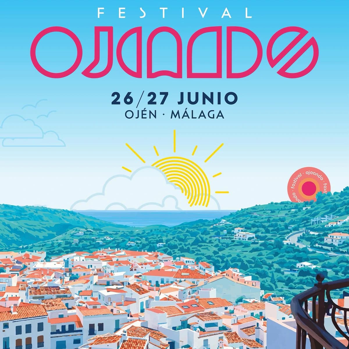 Cartel de Ojeando 2026 con paisaje de Ojén y programación musical por escenarios del festival los días 26 y 27 de junio.