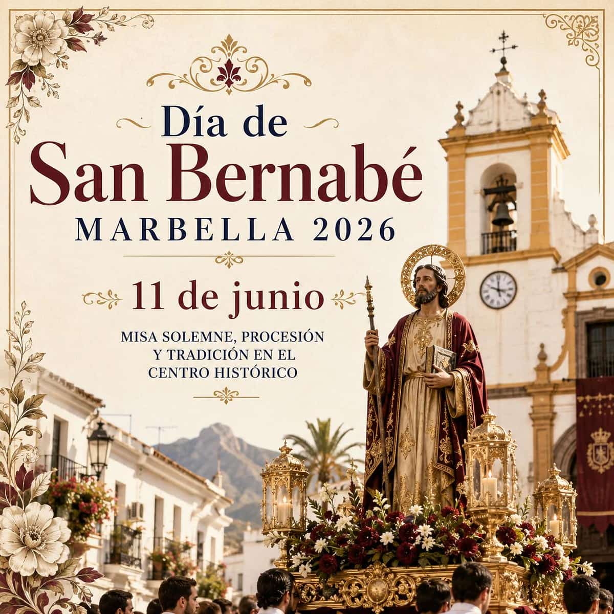 Cartel del Día de San Bernabé Marbella 2026, con misa solemne, procesión del patrón y actos tradicionales en el centro histórico.