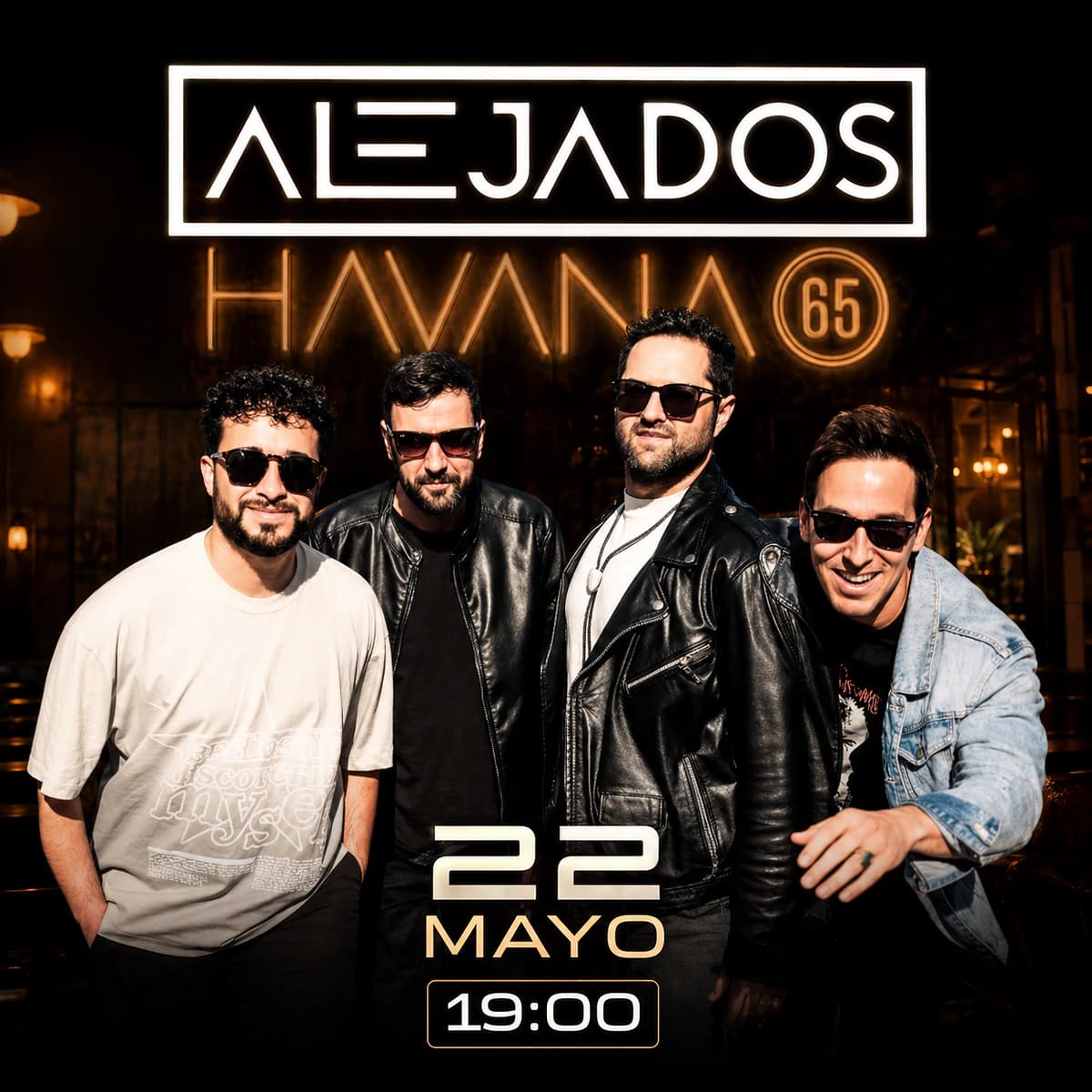 Cartel del concierto de Alejados en Havana 65 con la banda posando para una tarde de música en directo y versiones de pop rock español el 22 de mayo.