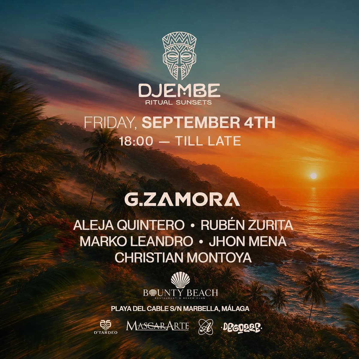 Cartel de DJEMBE x Bounty Beach Models & Friends Verano en Marbella, con paisaje tropical al atardecer, estética selvática, line-up Afro House y evento en Playa del Cable.