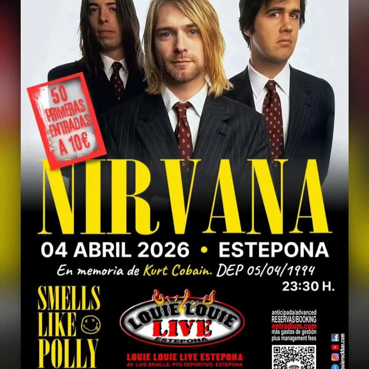 Cartel del concierto tributo a Nirvana en Estepona en Louie Louie Live, 4 de abril de 2026, evento de rock homenaje a Kurt Cobain
