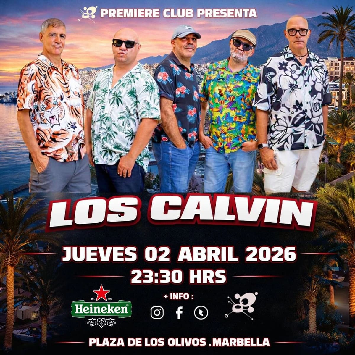 Cartel promocional de Los Calvin en Premiere Club con cinco miembros de la banda posando sobre un fondo de Marbella al atardecer. El concierto es el jueves 2 de abril de 2026 a las 23:30 h.
