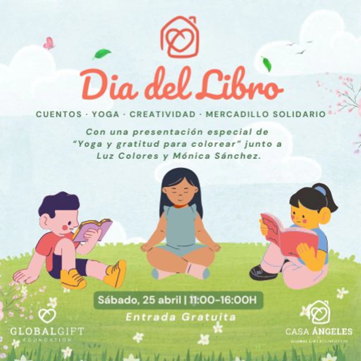 Cartel del Día del Libro en Casa Ángeles con ilustraciones infantiles y detalles de la jornada familiar con cuentos, yoga, creatividad y mercadillo solidario en Marbella.