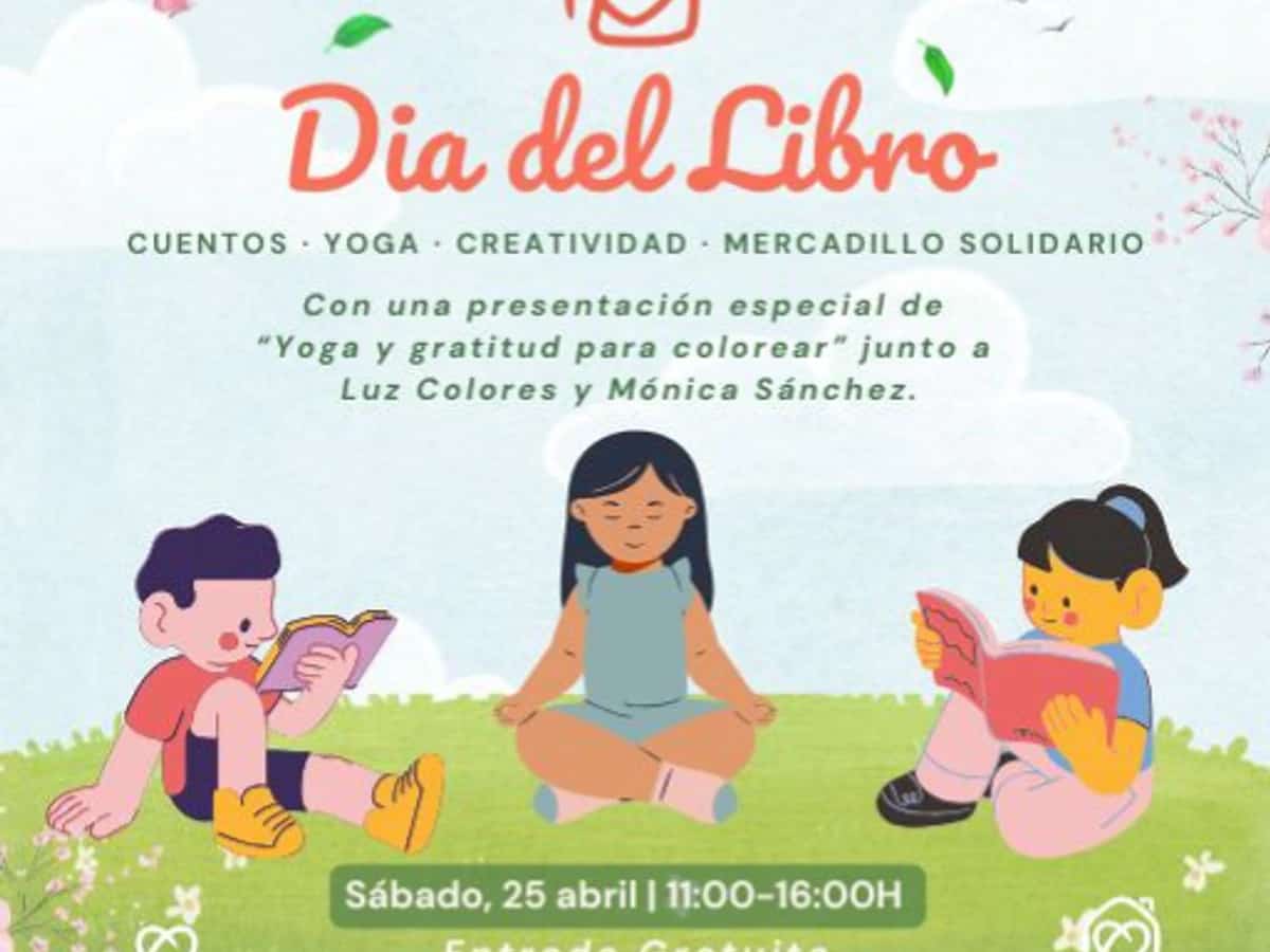 Cartel del Día del Libro en Casa Ángeles con ilustraciones infantiles y detalles de la jornada familiar con cuentos, yoga, creatividad y mercadillo solidario en Marbella.