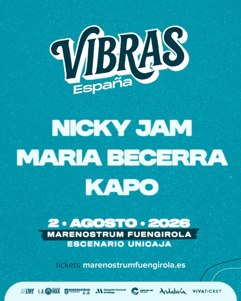 Cartel colorido del evento con alineación de artistas y fondo de playa