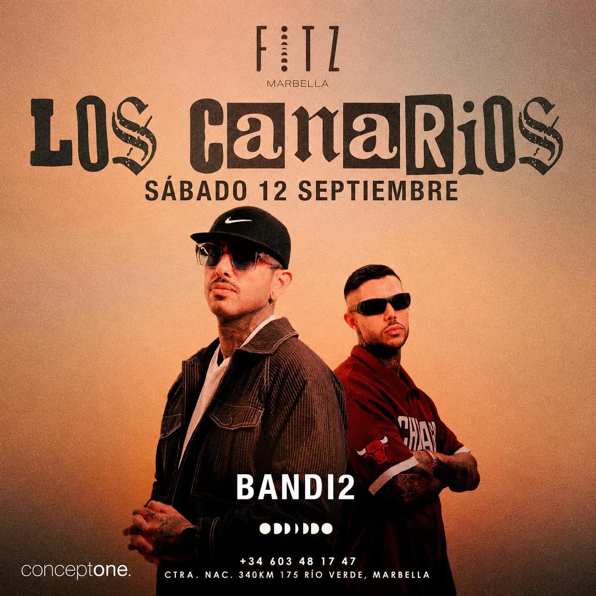 Cartel de Los Canarios en FITZ Marbella para el sábado 12 de septiembre, con fondo naranja, retrato de dos artistas con gafas oscuras, logo de FITZ y texto Bandi2.