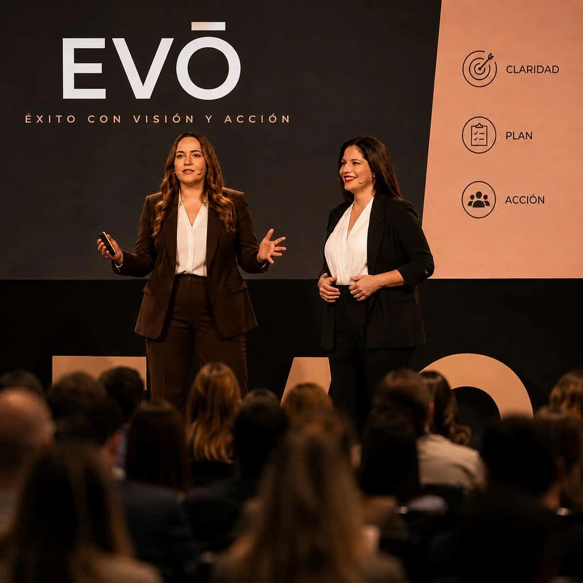 Dos ponentes sobre un escenario frente al público, con el logotipo EVŌ al fondo y un panel lateral con los conceptos Claridad, Plan y Acción.