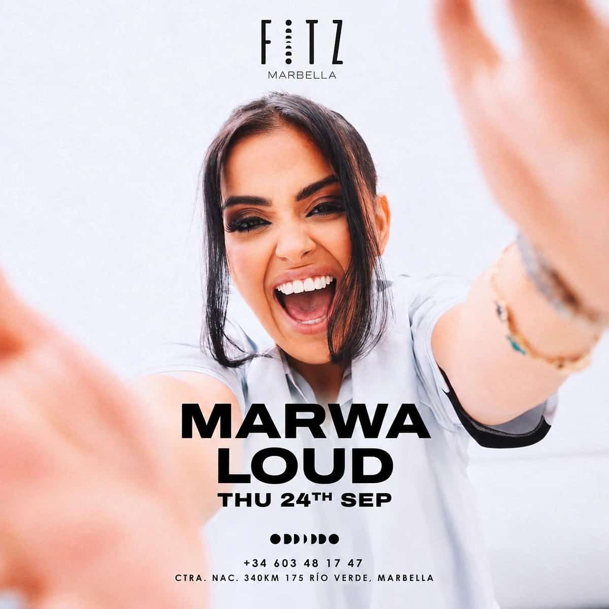 Cartel de Marwa Loud en FITZ Marbella para el 24 de septiembre, con primer plano sonriente de la artista, fondo claro y nombre del evento en negro.
