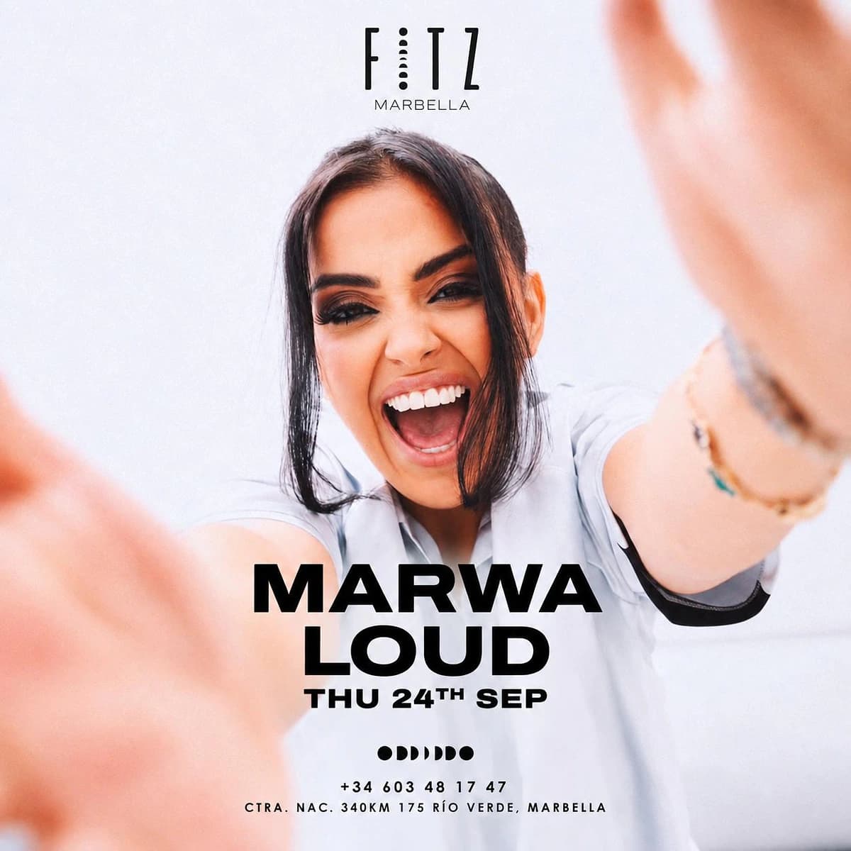 Cartel de Marwa Loud en FITZ Marbella para el 24 de septiembre, con primer plano sonriente de la artista, fondo claro y nombre del evento en negro.