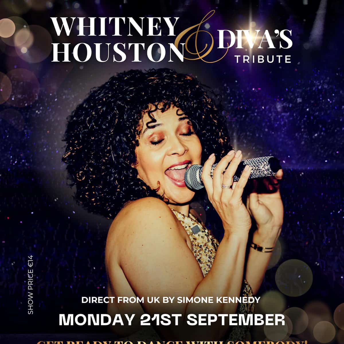 Cartel del Whitney Houston & Divas Tribute en La Sala Puerto Banús con Simone Kennedy cantando al micrófono y show anunciado para el lunes 21 de septiembre.