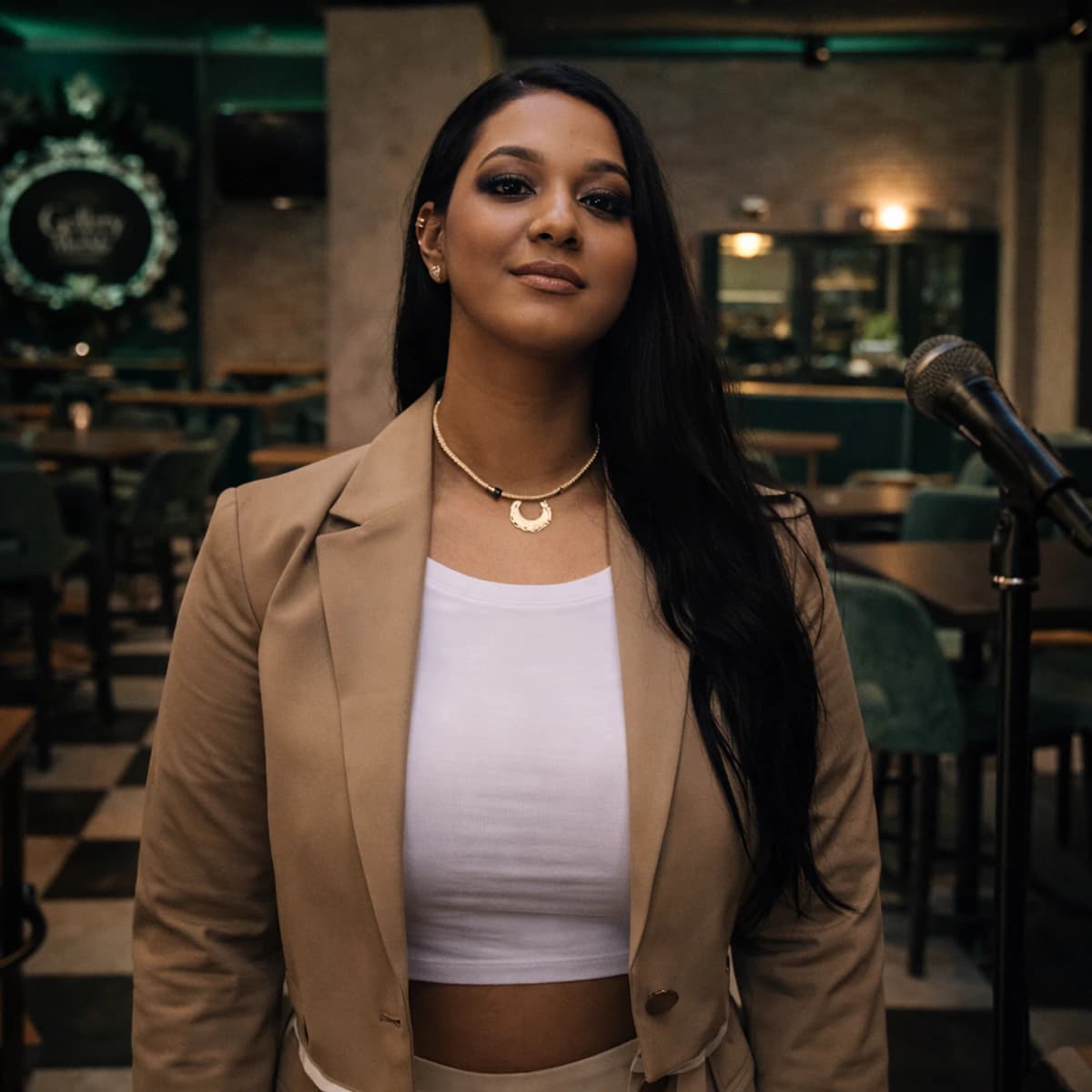 Anhais Martín posando junto a un micrófono en Gallery Marbella durante un tardeo premium con música en directo en Marbella, flamenco en vivo y ambiente lounge ideal para el Día de Andalucía y plan de tarde.